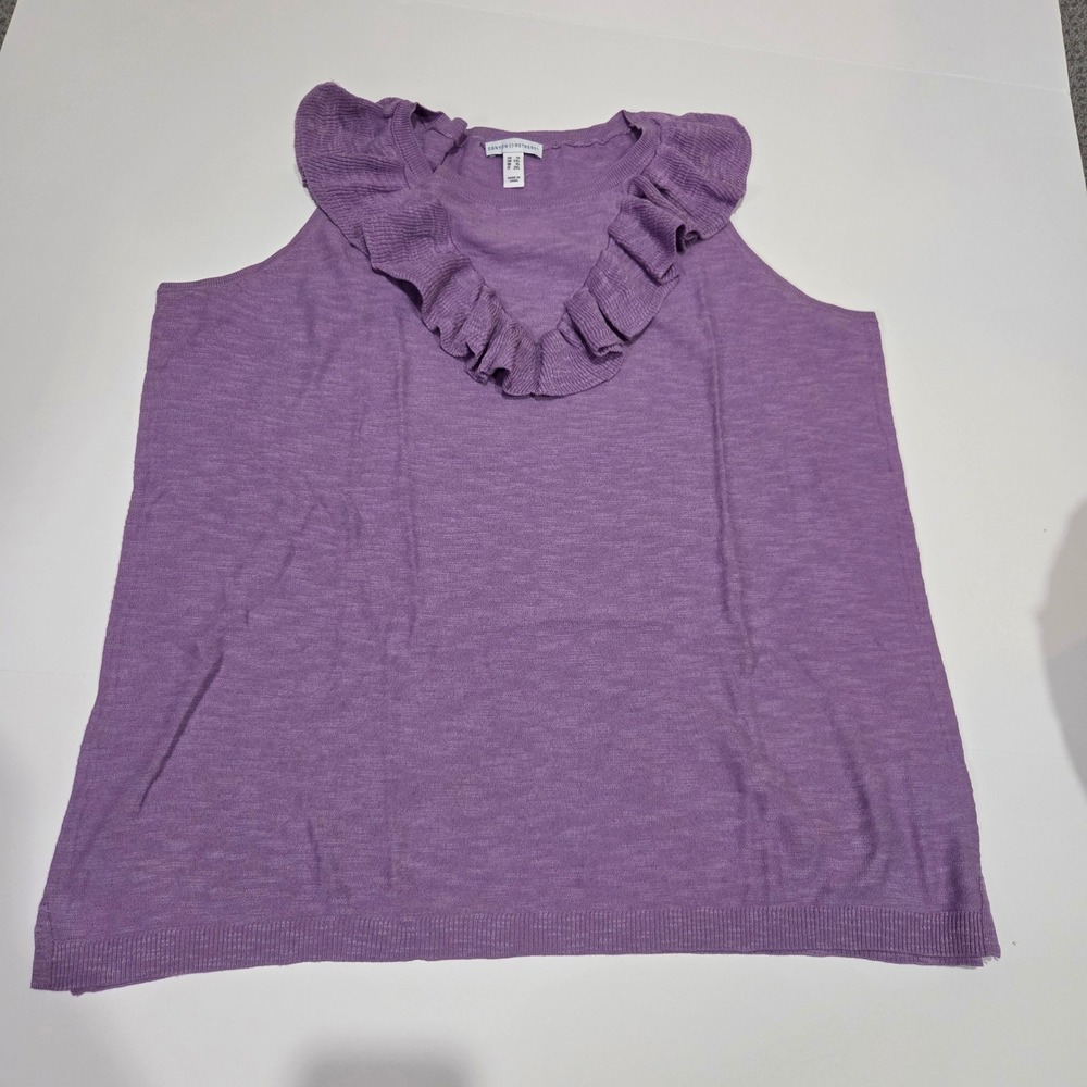 Canyon Retreat Sweater Top Womens 1X Purple Good Ruffle V-Neck Sleeveless Knit